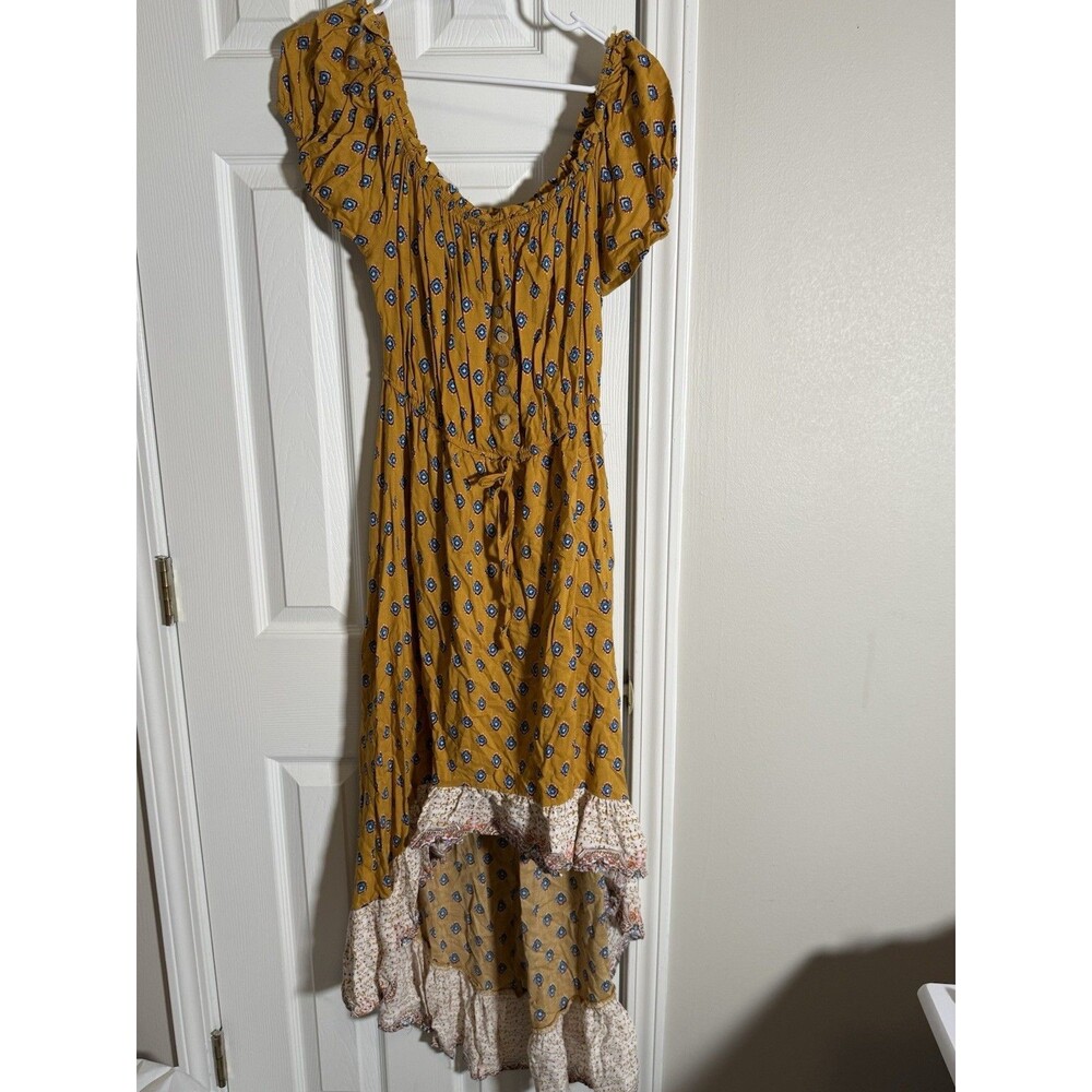 New Look Floral Puff Sleeve Midi Dress Blue Yellow White V-Neck Tie Waist XL - Picture 2 of 12